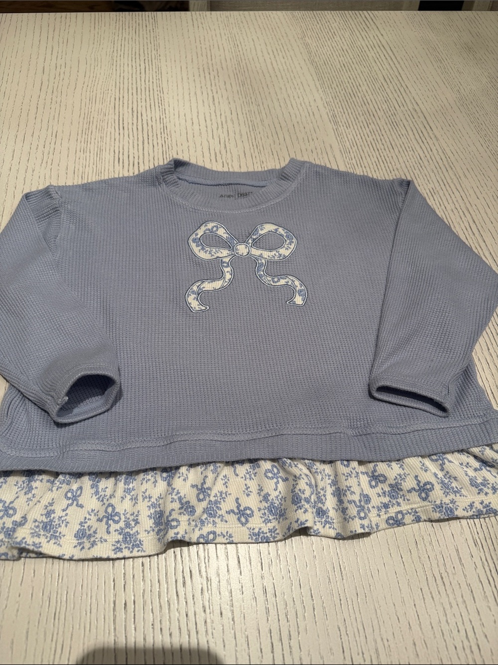 Angel Dear Blue Waffle Knit Shirt with Floral Ruffle and Bow Appliqué